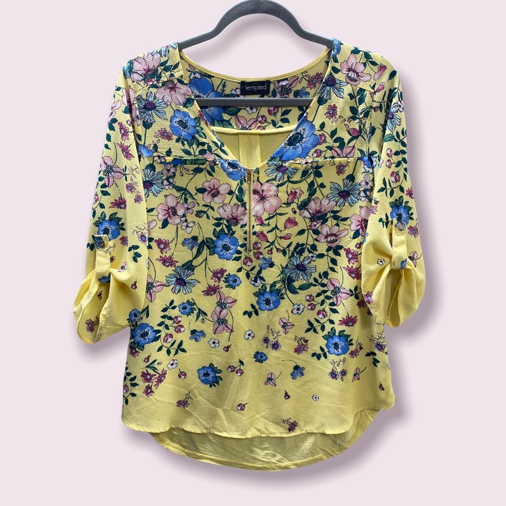 Yellow Floral 3/4 Sleeves Top Blouse by Tempted